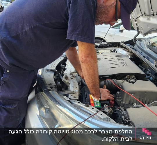 אדם מתקן רכב עם כבלים למצבר פתוח